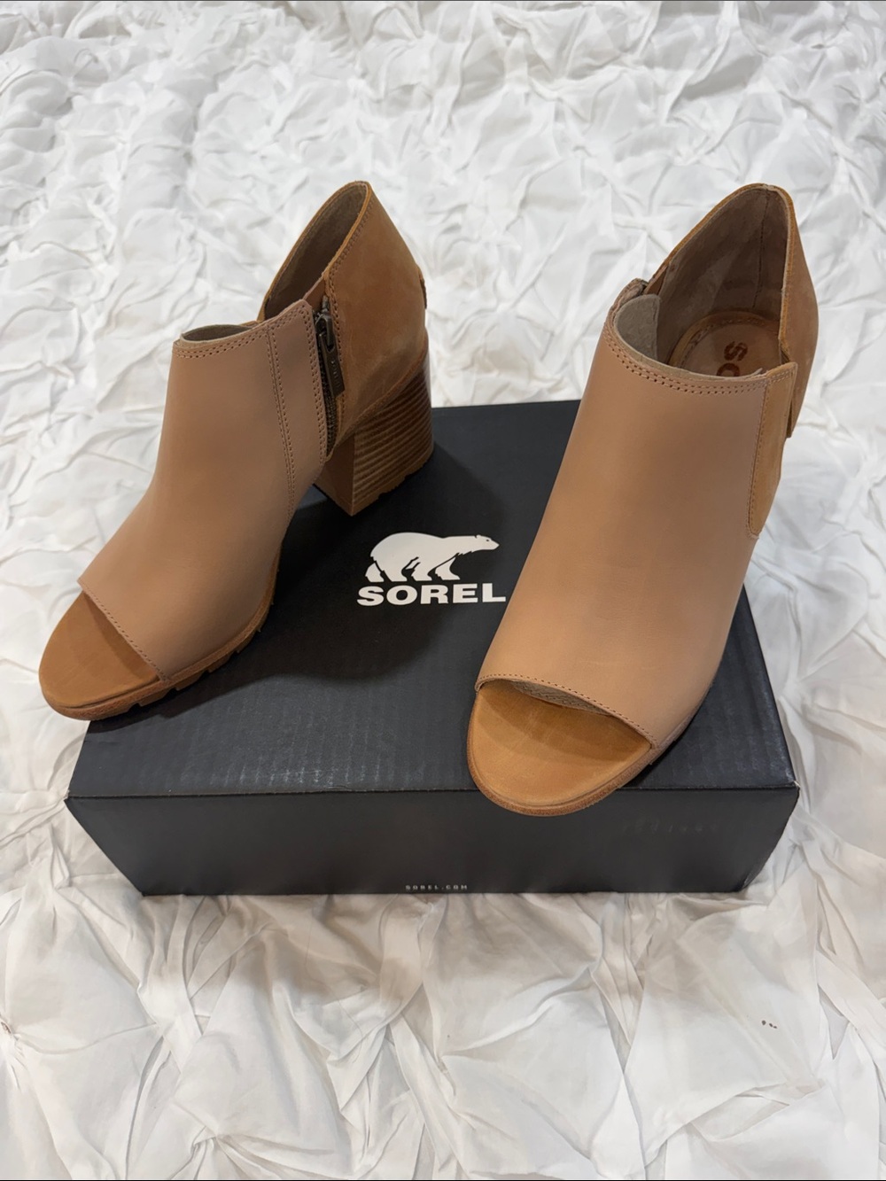NIB Sorel Tan Open-Toe Block Heel Ankle Booties Sz 9.5